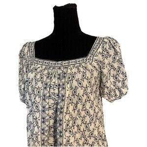 Max Studio London Blue White Floral Puff Sleeve Peasant Blouse XS Cotton/rayon